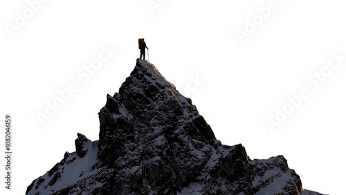A Brave Hiker Reaches Snowy Mountain Peak With Backpack And Trekking Poles At Dusk Alone