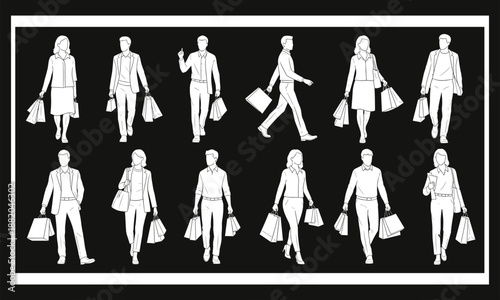 Shopping people silhouettes carrying bags, retail consumers walking, fashion lifestyle, modern buyers, urban shopping concept illustration
