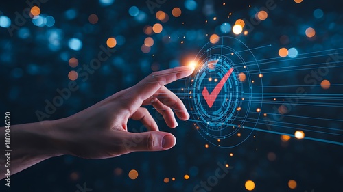 Finger touching digital check mark for online verification and approval
