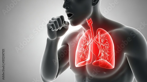 Man coughing with inflamed red lungs inside chest