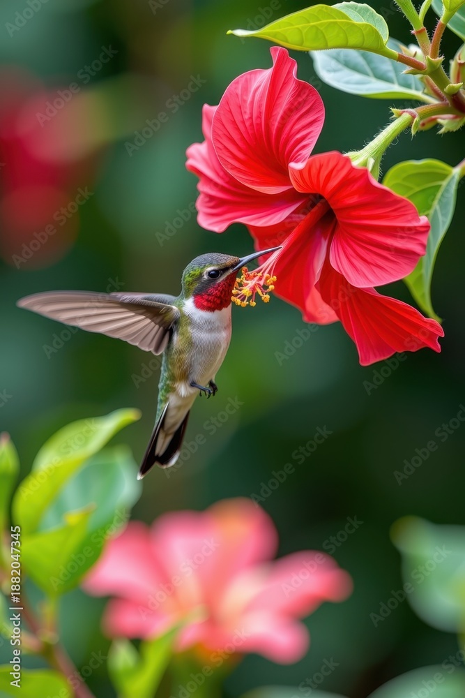 Fototapeta premium A ruby throated hummingbird hovering perfectly still while drinking nectar from a red hibiscus flower.