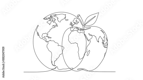 Continuous line drawing of an apple and a globe, symbolizing health and environment.