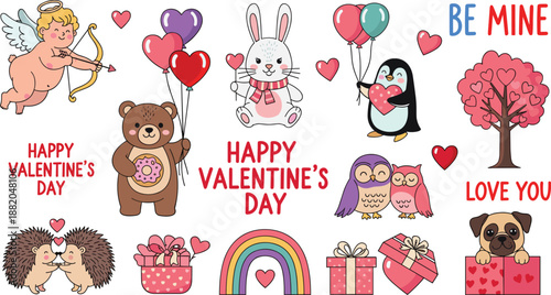 Cute Valentine's Day sticker set featuring Cupid, teddy bear, penguin, owls, and hearts for romantic holiday decorations, greeting cards, scrapbooking, and seasonal social media graphics.