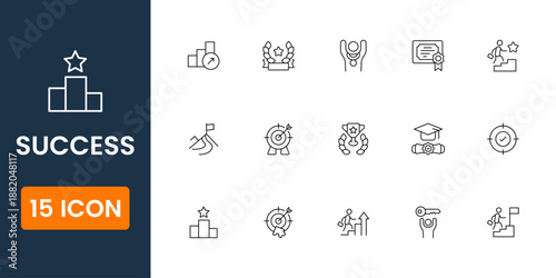 success icons collection, business achievement symbols, winning concept icons, goal success vector set, productivity and growth icon pack