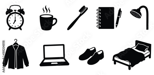 Daily routine objects and personal accessories silhouette set for everyday life activities