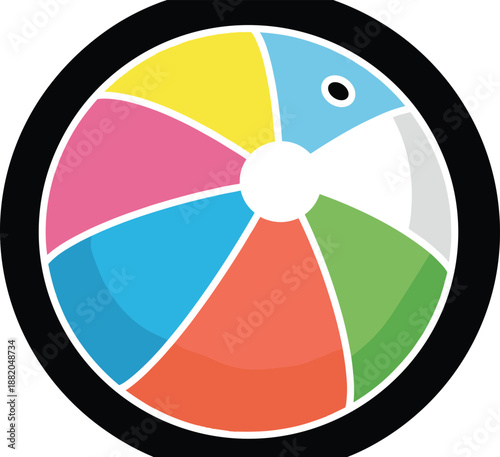 Free Download Colorful beach ball with playful eye, multicolor segments, black outline, summer toy icon, flat vector illustration - GFXLoad