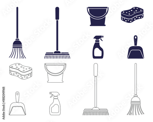 Cleaning equipment symbols including broom bucket spray and sponge vector illustration set