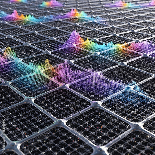 Colorful graphs on grid network with squares and rainbow colored data spikes