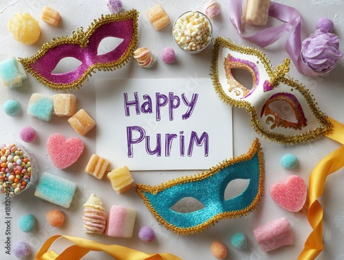 three colorful masquerade masks arranged around a central card reading happy purim with candies and a yellow ribbon on a textured white surface concept of celebration holiday festivity