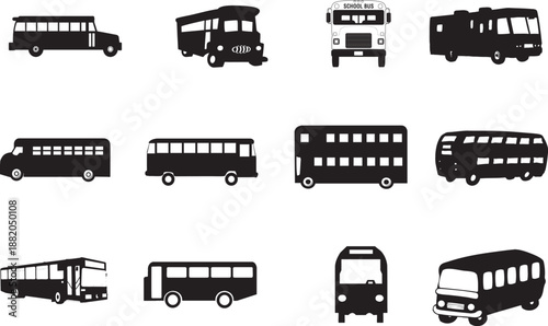 Assortment of Black Silhouette School Buses and Passenger Buses on White Background school bus silhouette