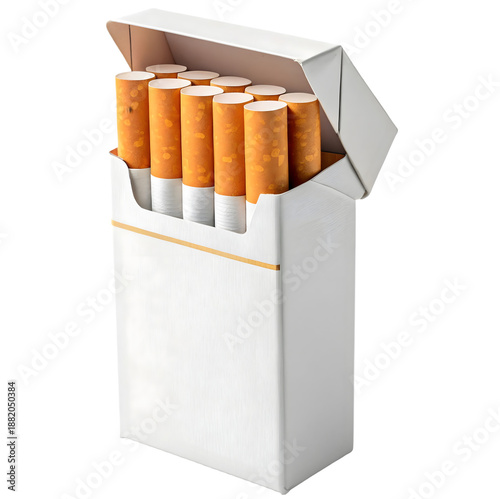 Open white cigarette pack with filter cigarettes isolated on transparent background