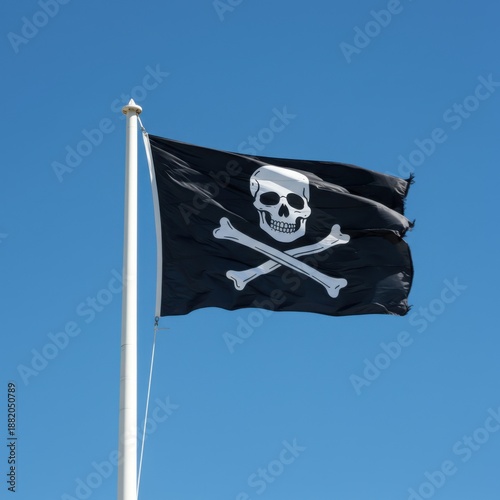 Jolly roger pirate flag against clear blue sky