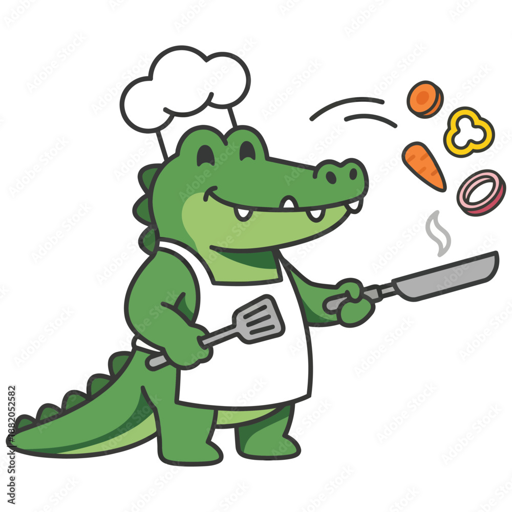 Obraz premium Chef Crocodile Cooking – Cute Flat Vector Cartoon