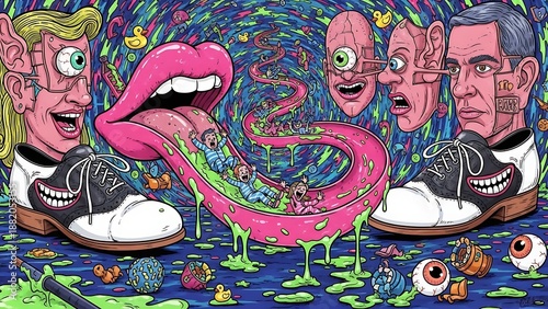 Surreal scene with melting faces and shoes