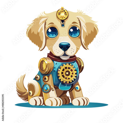 A steampunk dog with blue eyes and golden gears on its body in transparent background 