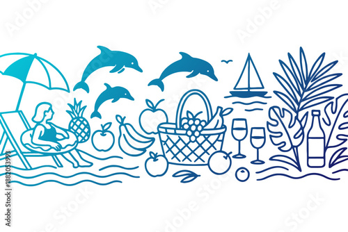 set of summer icons,
Relaxing Beach Leisure with Dolphins Jumping and Sailing