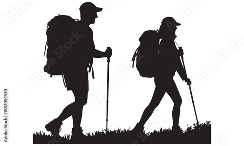 Silhouette of Couple Hiking – Outdoor Adventure, Nature Walk, Trekking Illustration .