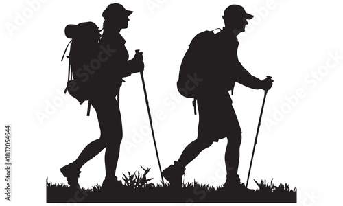 Silhouette of Couple Hiking – Outdoor Adventure, Nature Walk, Trekking Illustration .