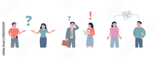 Misunderstanding scenes. Male female dont understand each other in family, relationship, friendship, business. Thoughtful characters, communication problems vector set