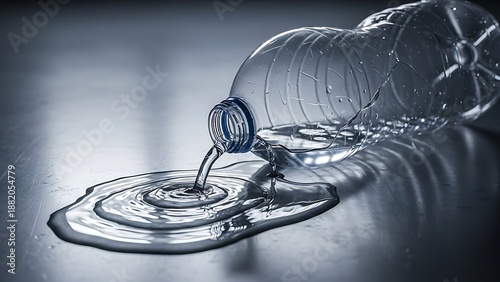 Water spills from a plastic bottle on metal