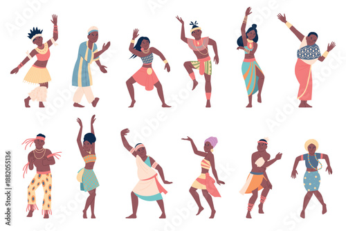 African dancers. African male and female in traditional costumes, tribal dances. Actors actress dancing, ethnic team characters, recent vector clipart