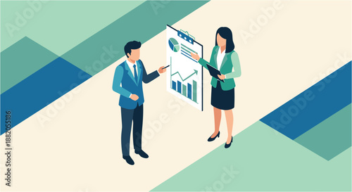 Two business professionals, a man and a woman, collaborate on a presentation board displaying financial charts and graphs, symbolizing teamwork and data analysis in a corporate setting.