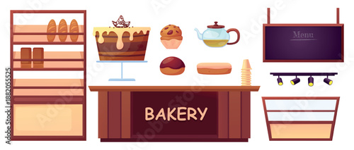 Bakery furniture. Bread stand, wooden cashier desk and showcase for cakes, cookies, donuts. Teapot, menu blackboard, sweet muffin, nowaday vector set
