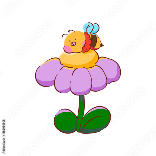 A chubby little boy lies on a purple flower. Hand-drawn.