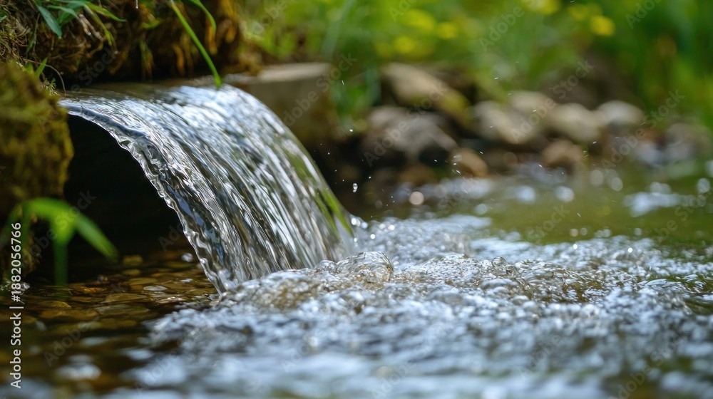 Fototapeta premium A detailed close-up of water flowing from an influent pipe into a natural wetland habitat teeming with wildlife