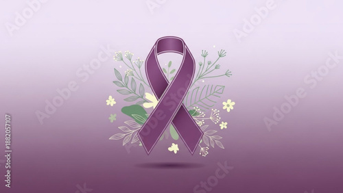 Purple awareness ribbon with flowers on gradient background symbolizing support and hope for a cause