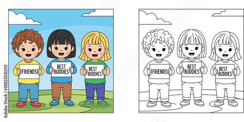Three cute kids holding friends and best buddies signs vector illustration for coloring book with color preview and black outline.
