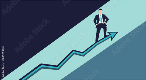 A determined businessman stands confidently on an upward-trending arrow, symbolizing growth, success, and strategic progress in a dynamic corporate environment.