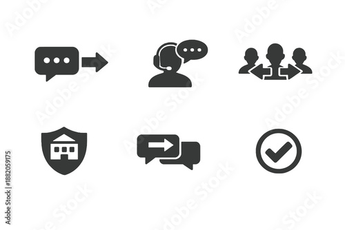 Set of 6 chat merge and conversation consolidation icons designed for customer service platforms, ticket systems and workflow management interfaces. Clean monochromatic vector symbols for web and mobi
