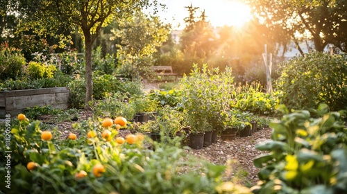 A flourishing garden with plants at various stages of growth bathed in golden afternoon light