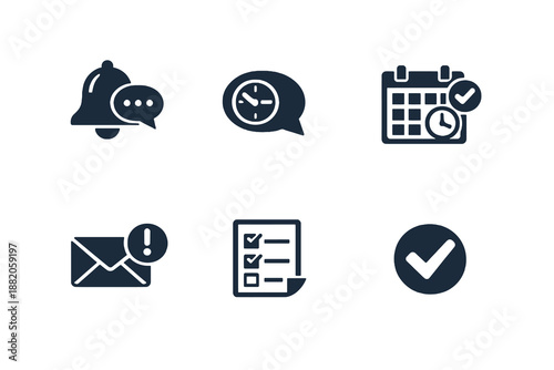 Set of 6 chat tagging and categorization icons designed for customer service platforms, ticket systems and message management interfaces. Clean monochromatic vector symbols for web and mobile platform