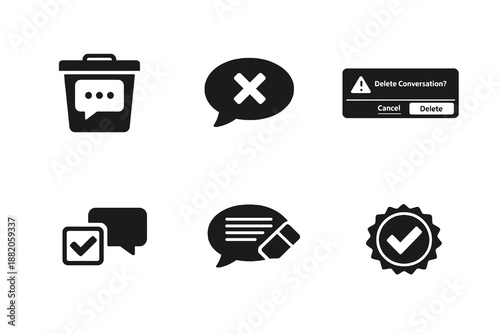 Digital customer support chat delete icon set showing conversation removal, warnings and deletion confirmation. Monochrome flat vector icons ideal for UI, apps and helpdesk dashboards.