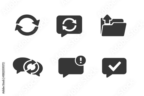 Set of 6 chat reopen and conversation restart icons designed for customer service platforms, ticket systems and messaging interfaces. Clean monochromatic vector symbols for web and mobile platforms.