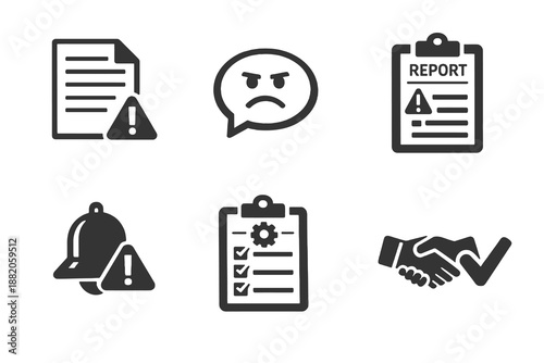 Set of 6 complaint and issue reporting icons designed for customer support systems and service management interfaces. Clean monochromatic vector symbols for web and mobile platforms.