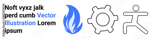Business strategy, technology development, fitness motivation, energy efficiency, innovation, teamwork. Blue flame, gear and running figure. Business strategy and technology development concept