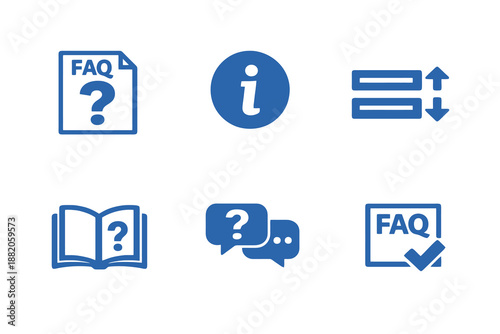 Set of 6 FAQ and help center icons designed for customer support pages, knowledge bases and service platforms. Clean monochromatic vector symbols for web and mobile interfaces.
