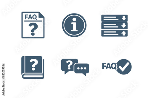 Digital customer FAQ icon set showing frequently asked questions, help content and information access. Monochrome flat vector icons ideal for UI, apps and support websites.