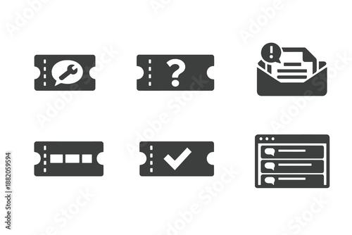 Set of 6 support ticket and helpdesk icons designed for customer service systems, dashboards and issue management interfaces. Clean monochromatic vector symbols for web and mobile platforms.