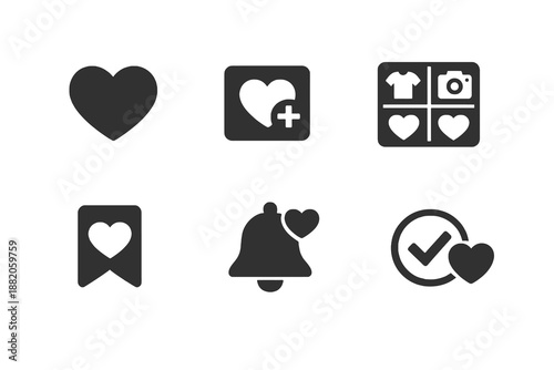 Set of 6 ecommerce wishlist and favorites icons designed for shopping apps, user accounts and product saving features. Clean monochromatic vector symbols for web and mobile interfaces.