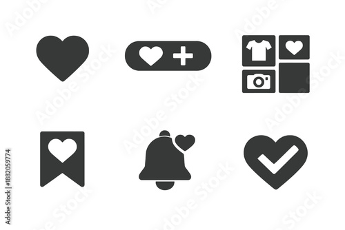 Digital product wishlist icon set showing saved items, favorites and shopping intent. Monochrome flat vector icons ideal for ecommerce UI, apps and online store websites.