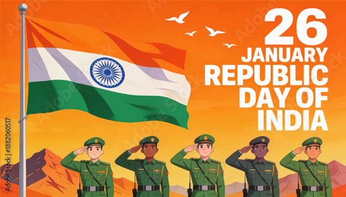 A flat vector illustration with the Indian flag flying and soldiers saluting in service of their homeland, with the text  26 January - Republic Day of India.