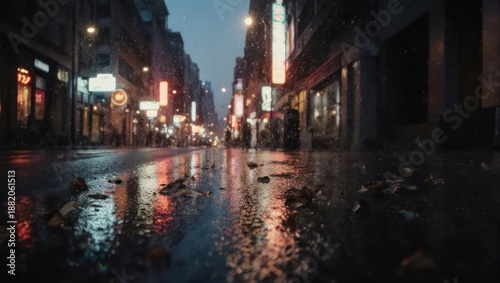 Rainy City Street at Night with Neon Reflections.