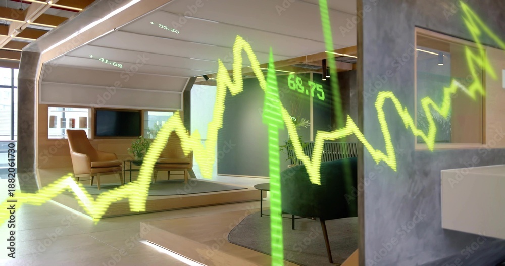Fototapeta premium Displaying neon green hologram financial chart dominating office lounge, with tan leather armchairs