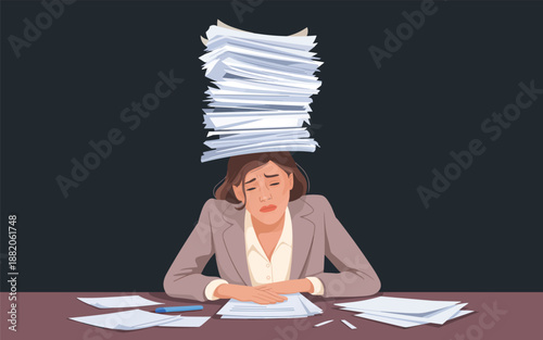 Overwhelmed Businesswoman Sitting at Desk with Papers Floating Above Her Head in a Modern Office Environment from a Front Viewpoint