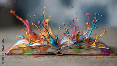 Vibrant liquid art explodes from an open book, a colorful, dynamic spectacle