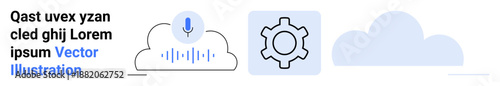 Cloud with download arrow and wave lines, gear for settings, single cloud. Ideal for technology, cloud storage, web development, system integration, data synchronization, user interface simple